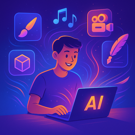 Illustration eines Menschen am Laptop mit KI-Symbol, umgeben von schwebenden Symbolen für Malerei, Musik, Film, Schreiben und 3D-Design – Symbol für die Demokratisierung der Kreativität durch Künstliche Intelligenz.