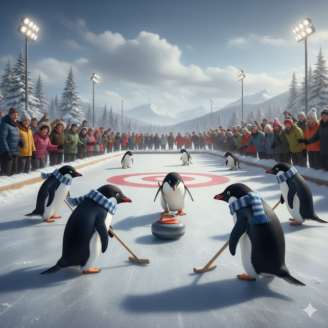 Pinguine spielen Curling während Menschen ihnen zuschauen