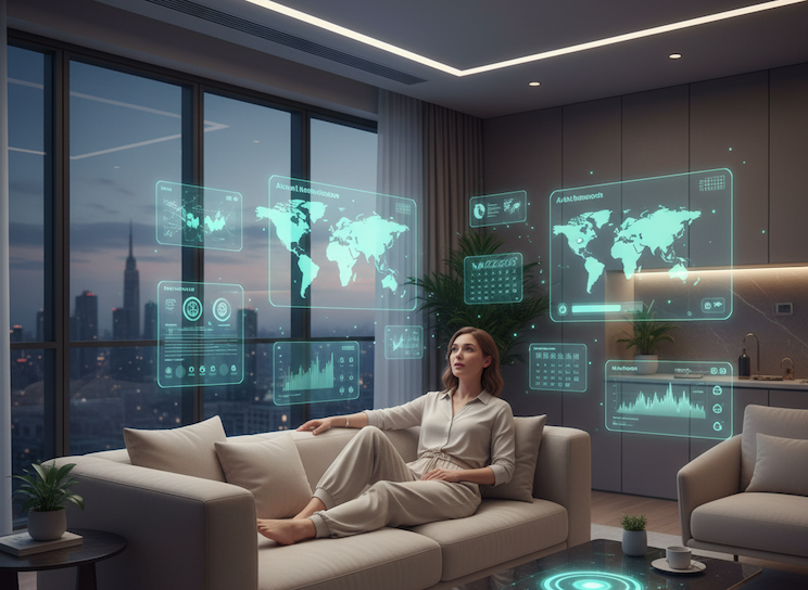 Eine Frau sitzt auf ihrer Couch und unterhält nicht mit ihrem persönlichen Assistenten - dem Internet