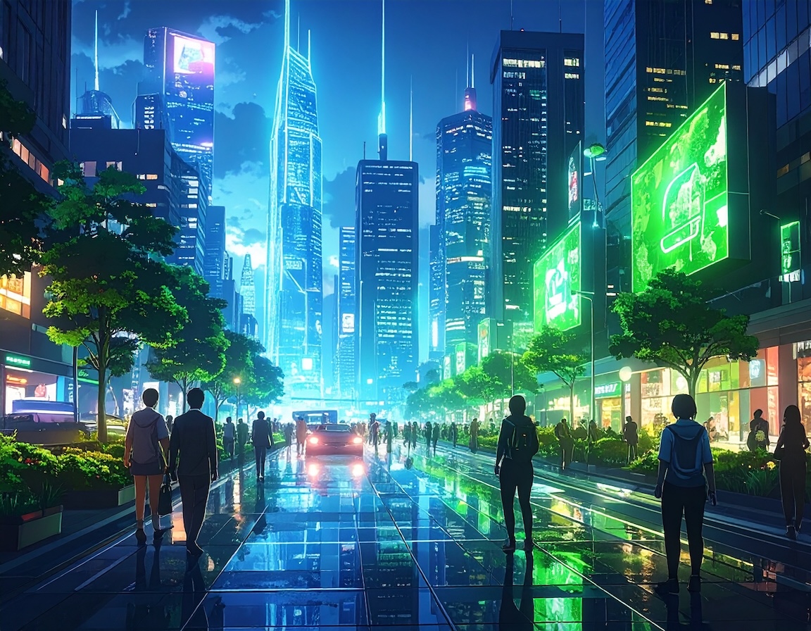 Eine pulsierende digitale Stadtansicht, in der Hologramme, Augmented Reality-Elemente und vernetzte Hardware nahtlos in den Alltag integriert sind.