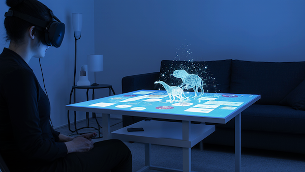 Eine Frau mit VR-Brille im Jahr 2029