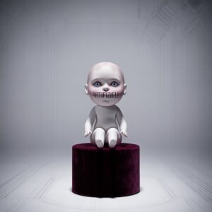 Surreales digitales Kunstwerk eines künstlich wirkenden Puppenbabys mit dem Schriftzug ‚Artifiziell‘ im Gesicht als Symbol für Künstlichkeit.