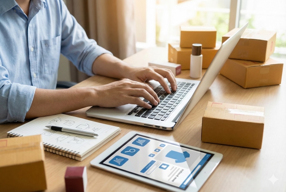 E-Commerce Produktdesign und Shop-Texte auf einem Tablet