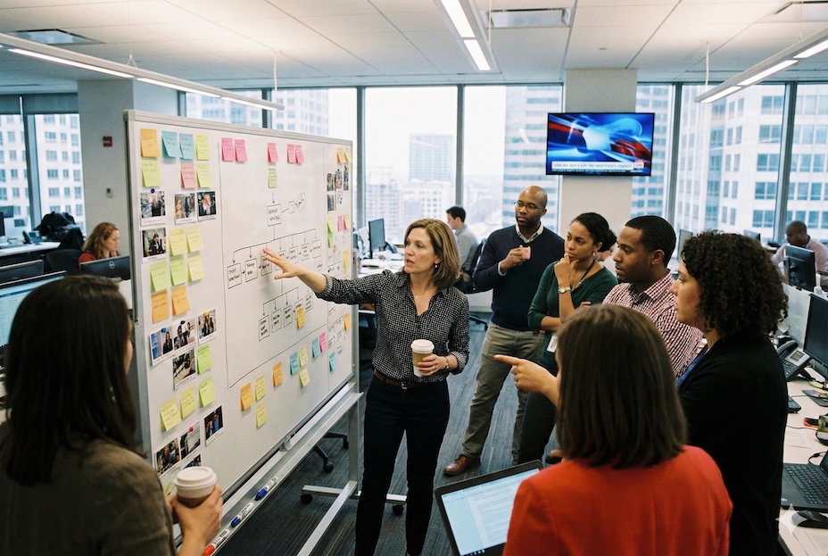 Redaktionsleitung im Team-Meeting zur Content-Strategie